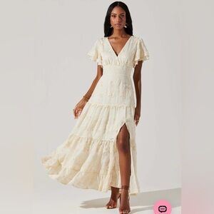 ASTR the label dress. Elegant Cream Lace Maxi Dress with Flutter Sleeves